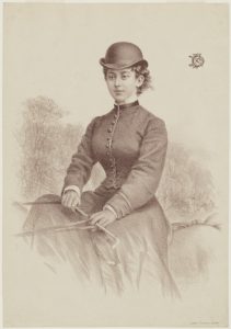 Engraved image of Lady Florence Dixie sitting on a horse and wearing a Victorian riding habit,