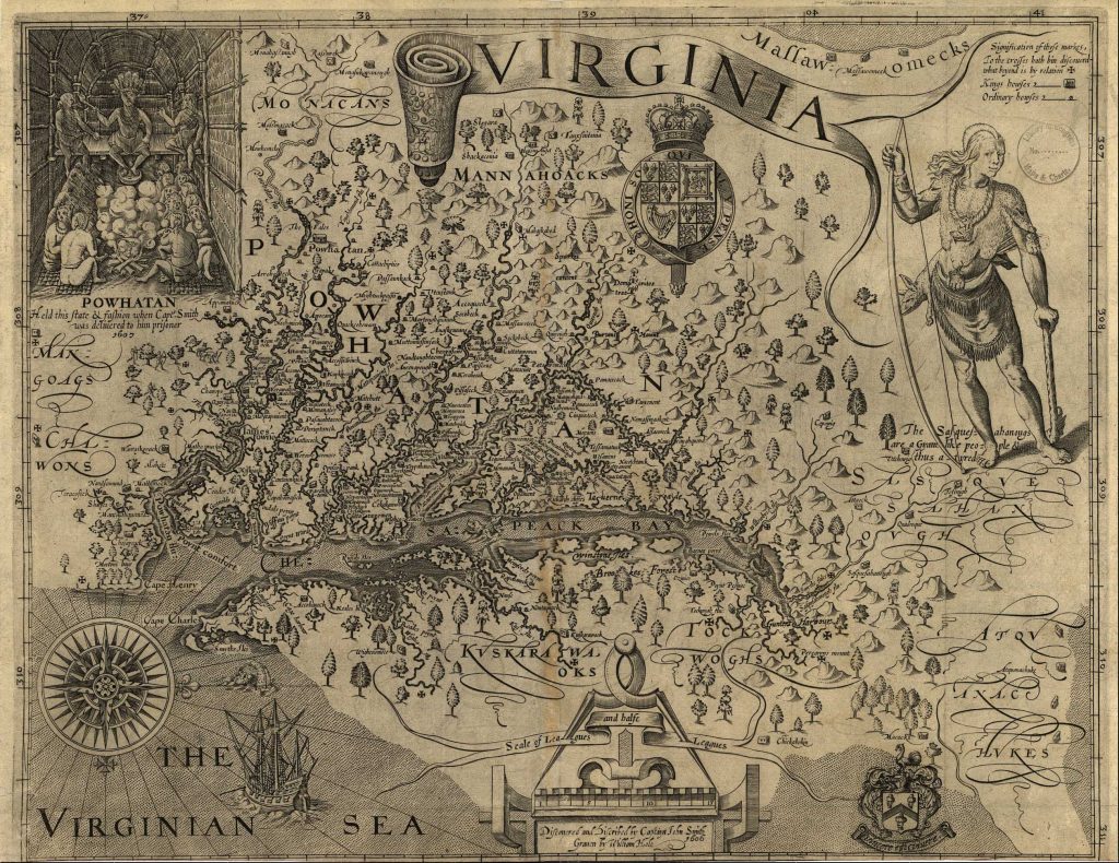 An engraving of Captain John Smith's map of Virginia, dated 1624.